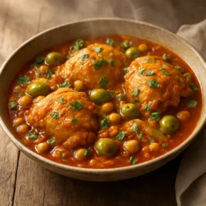 Moroccan braised chicken with olives, tomatoes, chickpeas, and fresh herbs in a rich sauce