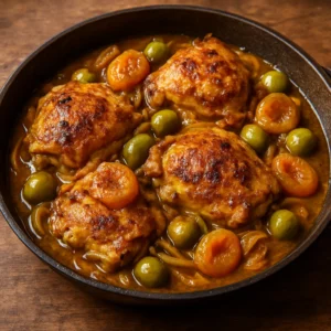 Moroccan chicken with apricots in a glossy spiced skillet sauce