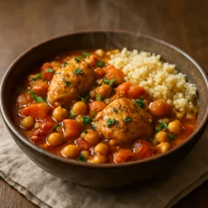 Moroccan chicken and chickpea stew with chickpeas, carrots, tomatoes, and couscous
