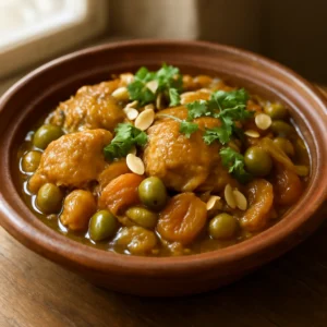 Moroccan chicken tagine with apricots, olives, and toasted almonds