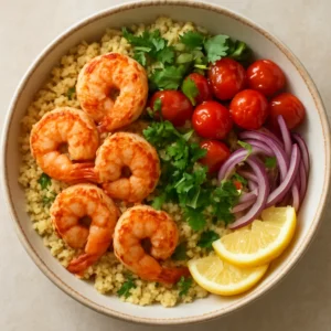 North African shrimp with harissa couscous, tomatoes, herbs, and lemon wedges in a serving bowl