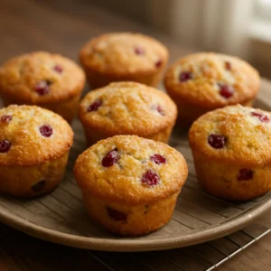 Fresh orange cranberry muffins with golden tops and visible cranberry pieces
