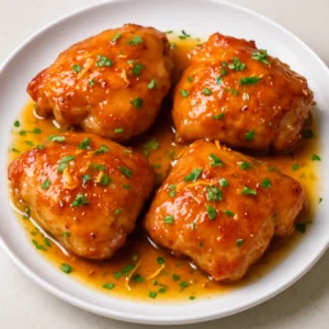 Orange glazed chicken thighs finished with a glossy citrus glaze and parsley