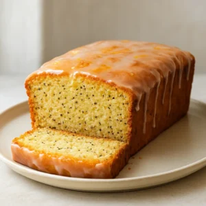 Orange poppy seed cake with a light orange glaze on a serving plate