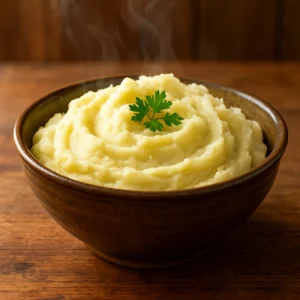 Creamy Pennsylvania Dutch mashed potatoes garnished with parsley
