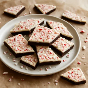 Homemade peppermint bark with dark and white chocolate layers and crushed peppermint candies