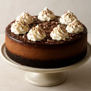 Dark chocolate cheesecake topped with whipped cream, shaved chocolate, and crushed peppermint candies