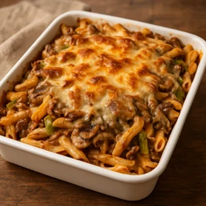 Baked Philly cheesesteak pasta with beef, peppers, onions, and melted cheese in a casserole dish