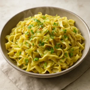 A bowl of Polish cabbage and noodles sautéed with onion, dill, and parsley.
