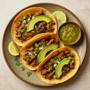 Pork carnitas tacos topped with onion, cilantro, avocado, and lime