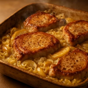 Baked pork chops served with sauerkraut, onions, and apple slices in a rustic dish