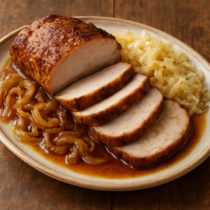 Sliced oven-roasted pork loin with sauerkraut and onions on a serving platter