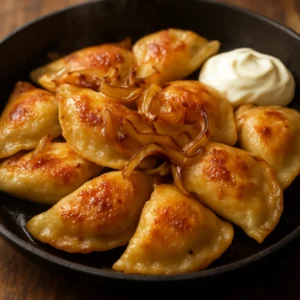 Homemade potato and cheese pierogies pan-fried until golden and served warm with sour cream