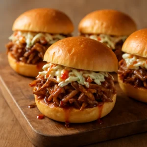 Pulled pork sliders with tangy slaw and a smoky chili oil drizzle
