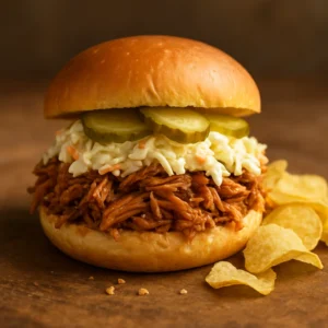 Pulled pork sandwiches topped with coleslaw and pickle chips