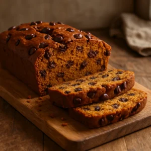 Freshly baked pumpkin chocolate chip bread with chocolate chips and a tender crumb