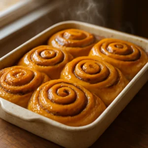 Freshly baked pumpkin cinnamon rolls with glossy glaze in a baking dish