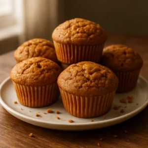 Pumpkin spice muffins with golden domed tops on a serving plate