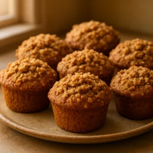 Pumpkin spice muffins topped with cinnamon streusel on a plate