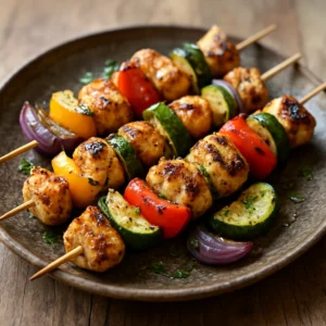 Grilled ranch chicken skewers with chicken, peppers, zucchini, and red onion