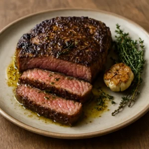 Reverse-seared ribeye brushed with herb-infused olive oil and sliced to a rosy center