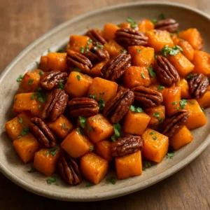Roasted butternut squash with maple pecans and parsley garnish