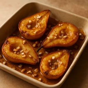 Roasted pears glazed with honey and cinnamon olive oil, finished with chopped almonds