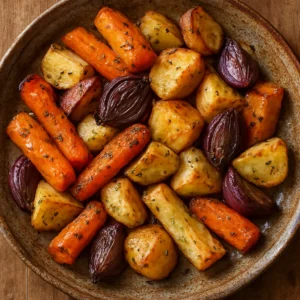 Roasted root vegetables with golden edges and herb-speckled olive oil