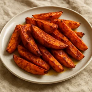 Roasted sweet potato wedges seasoned with smoked paprika and cayenne infused olive oil