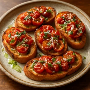 Roasted tomato bruschetta topped with basil oil and fresh basil