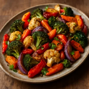 Roasted vegetable medley with caramelized broccoli, cauliflower, peppers, carrots, and parsley garnish