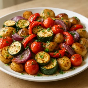 Roasted vegetable platter with zucchini, peppers, onions, tomatoes, and potatoes finished with parsley