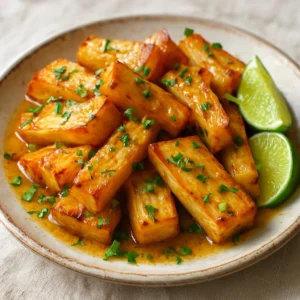 Roasted yuca with garlic citrus sauce and fresh herbs