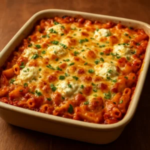Rustic baked ziti topped with melted mozzarella and parsley in a baking dish