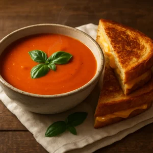 Rustic tomato soup with grilled cheese on a white plate