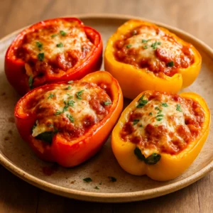 Italian sausage stuffed bell peppers baked with melted cheese and tomato filling