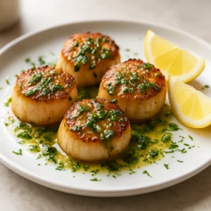 Pan-seared scallops finished with lemon, garlic, parsley, and dill on a white plate