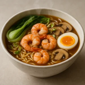Bowl of shrimp and bok choy ramen noodle soup with mushrooms, noodles, and scallions