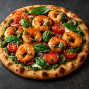 Rustic shrimp flatbread topped with fresh mozzarella, tomatoes, basil, and pesto drizzle
