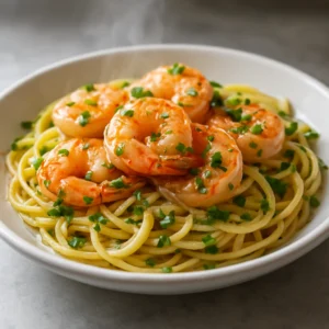 Shrimp scampi with linguine, garlic, lemon, parsley, and cilantro served in a white bowl.