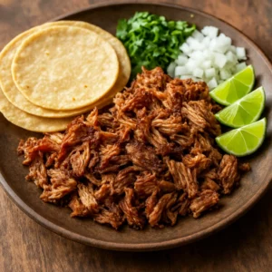 Slow cooker pork carnitas served with tortillas, onion, cilantro, and lime wedges