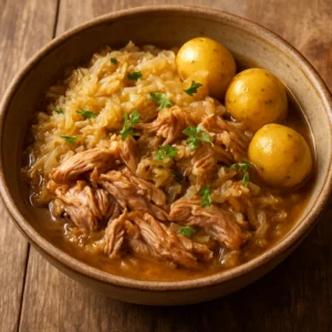 Slow cooker pork and sauerkraut with potatoes and onions
