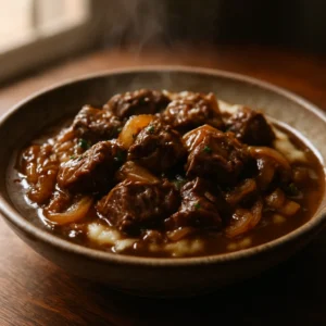 Slow-roasted beef tips with caramelized onion herb gravy