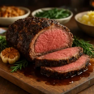 Slow-roasted prime rib with a browned herb crust and pan juices