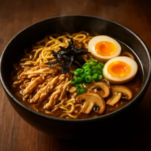 A steaming chicken ramen bowl with noodles, shredded chicken, soft-boiled eggs, mushrooms, scallions, and nori