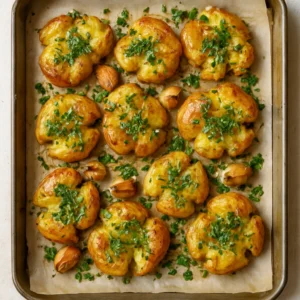 Crispy smashed potatoes with garlic and herbs on a sheet pan