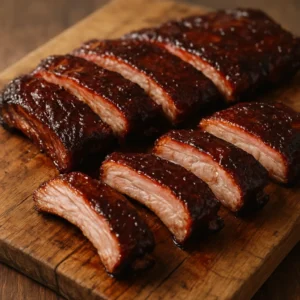 Smoked baby back ribs with a glossy Southern barbecue glaze on a cutting board