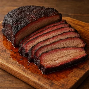 Sliced slow-smoked beef brisket with a rich bark and glossy juices