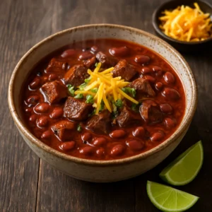 A bowl of smoked brisket chili topped with scallions, cheddar, and a drizzle of smoky chili oil