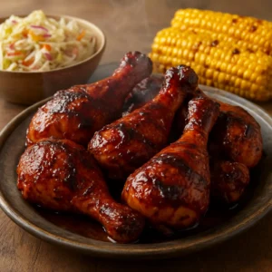 Smoked chicken drumsticks coated in a glossy barbecue glaze